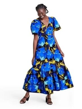 Christopher John Roger’s x Target Blue Floral Maxi Dress with Puff Sleeves sz 2